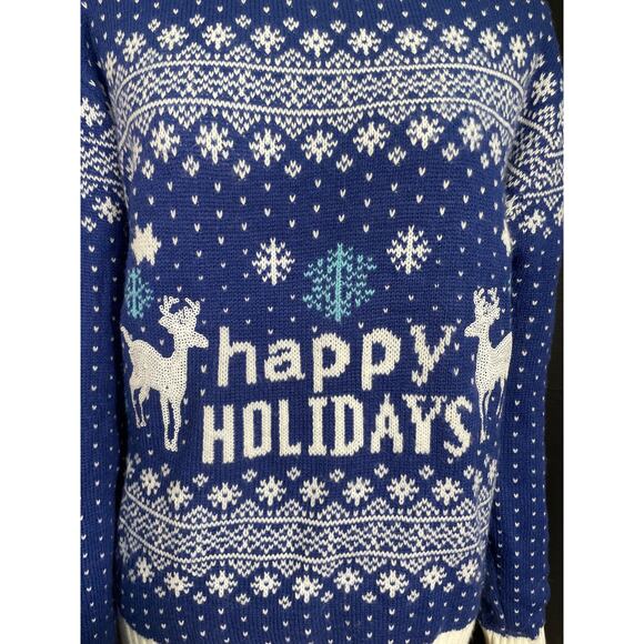 Happy Holidays Sweater Electric Blue with Sequence Reindeer and White Snowflakes - Picture 5 of 7